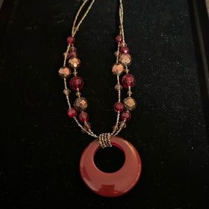 Lia Sophia Burgundy & Brown Glass Pendant & Beaded Necklace Multi Strand